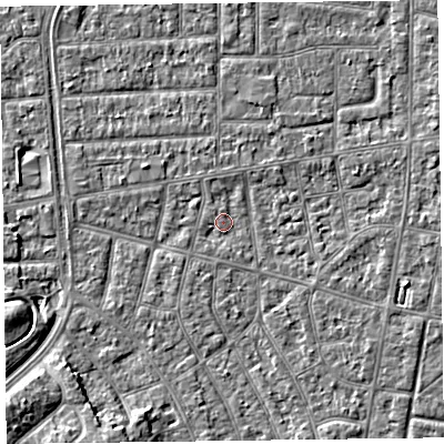 Shaded relief map of the ground around FY53FY, computed from Environment Agency LiDAR. The ground here sits at about 4 m above sea level and falls 7 m across the surrounding 800 m. Surface water reaching this point runs off ground lying to the north-north-west, 1.0 m higher.