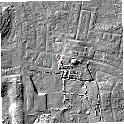 Shaded relief map of the ground around FY53GS, computed from Environment Agency LiDAR. The ground here sits at about 5 m above sea level and falls 6 m across the surrounding 800 m. Surface water reaching this point runs off ground lying to the east, 5.1 m higher.