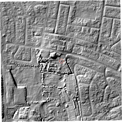 Shaded relief map of the ground around FY53GT, computed from Environment Agency LiDAR. The ground here sits at about 5 m above sea level and falls 6 m across the surrounding 800 m. Surface water reaching this point runs off ground lying to the north-west, 4.3 m higher.