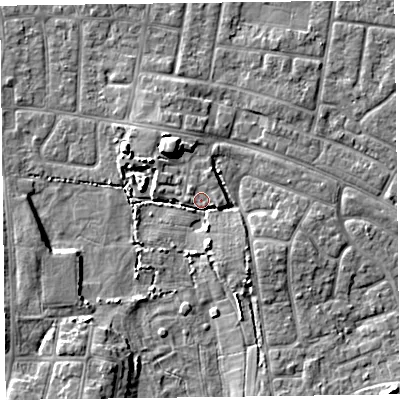 Shaded relief map of the ground around FY53GU, computed from Environment Agency LiDAR. The ground here sits at about 5 m above sea level and falls 6 m across the surrounding 800 m. Surface water reaching this point runs off ground lying to the north-west, 0.7 m higher.