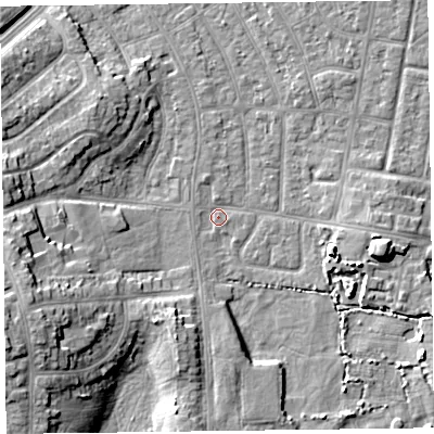 Shaded relief map of the ground around FY53HA, computed from Environment Agency LiDAR. The ground here sits at about 4 m above sea level and falls 11 m across the surrounding 800 m. Surface water reaching this point runs off ground lying to the east-south-east, 6.3 m higher.