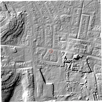 Shaded relief map of the ground around FY53HB, computed from Environment Agency LiDAR. The ground here sits at about 4 m above sea level and falls 9 m across the surrounding 800 m. Surface water reaching this point runs off ground lying to the east-south-east, 6.3 m higher.