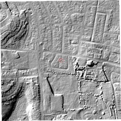 Shaded relief map of the ground around FY53HD, computed from Environment Agency LiDAR. The ground here sits at about 4 m above sea level and falls 9 m across the surrounding 800 m. The ground contributing surface water to this point lies to the north-north-west.