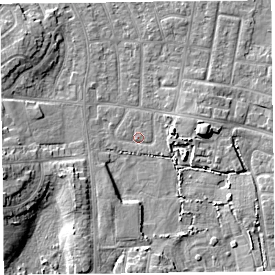 Shaded relief map of the ground around FY53HE, computed from Environment Agency LiDAR. The ground here sits at about 4 m above sea level and falls 9 m across the surrounding 800 m. Surface water reaching this point runs off ground lying to the east, 6.3 m higher.