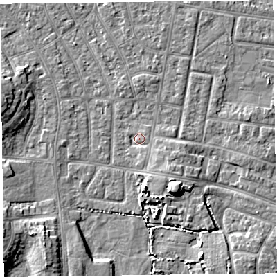 Shaded relief map of the ground around FY53HF, computed from Environment Agency LiDAR. The ground here sits at about 5 m above sea level and falls 6 m across the surrounding 800 m. Surface water reaching this point runs off ground lying to the south-south-east, 1.4 m higher.