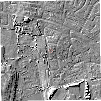 Shaded relief map of the ground around FY53HG, computed from Environment Agency LiDAR. The ground here sits at about 7 m above sea level and falls 8 m across the surrounding 800 m. Surface water reaching this point runs off ground lying to the north-north-east, 0.6 m higher.