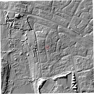 Shaded relief map of the ground around FY53HJ, computed from Environment Agency LiDAR. The ground here sits at about 6 m above sea level and falls 8 m across the surrounding 800 m. Surface water reaching this point runs off ground lying to the north-west, 1.4 m higher.