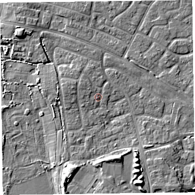 Shaded relief map of the ground around FY53HP, computed from Environment Agency LiDAR. The ground here sits at about 5 m above sea level and falls 8 m across the surrounding 800 m. Surface water reaching this point runs off ground lying to the north-west, 1.7 m higher.