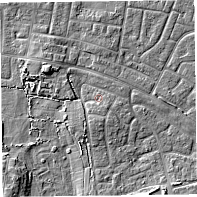 Shaded relief map of the ground around FY53HQ, computed from Environment Agency LiDAR. The ground here sits at about 5 m above sea level and falls 6 m across the surrounding 800 m. Surface water reaching this point runs off ground lying to the south, 1.6 m higher.