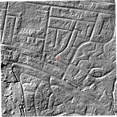 Shaded relief map of the ground around FY53HR, computed from Environment Agency LiDAR. The ground here sits at about 4 m above sea level and falls 6 m across the surrounding 800 m. Surface water reaching this point runs off ground lying to the south-east, 1.5 m higher.