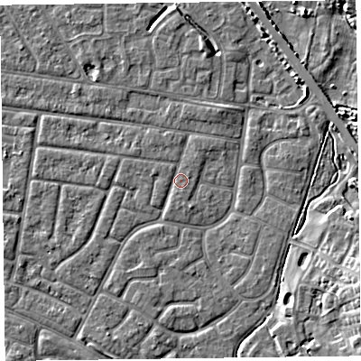 Shaded relief map of the ground around FY53HS, computed from Environment Agency LiDAR. The ground here sits at about 4 m above sea level and falls 7 m across the surrounding 800 m. Surface water reaching this point runs off ground lying to the north-north-east, 1.3 m higher.