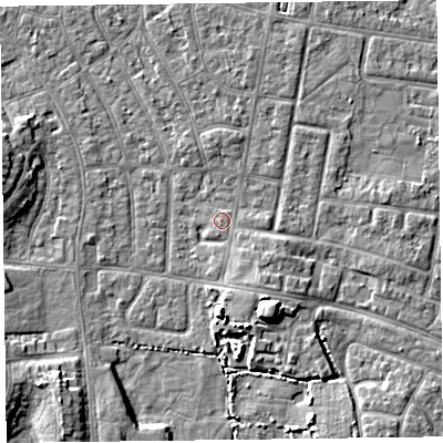 Shaded relief map of the ground around FY53HT, computed from Environment Agency LiDAR. The ground here sits at about 5 m above sea level and falls 6 m across the surrounding 800 m. Surface water reaching this point runs off ground lying to the south-south-east, 2.2 m higher.