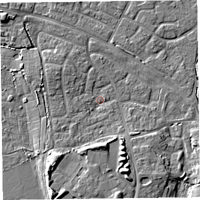 Shaded relief map of the ground around FY53HZ, computed from Environment Agency LiDAR. The ground here sits at about 5 m above sea level and falls 9 m across the surrounding 800 m. Surface water reaching this point runs off ground lying to the south-south-west, 8.2 m higher.