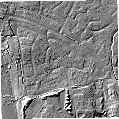 Shaded relief map of the ground around FY53JA, computed from Environment Agency LiDAR. The ground here sits at about 4 m above sea level and falls 8 m across the surrounding 800 m. Surface water reaching this point runs off ground lying to the south-south-east, 7.7 m higher.