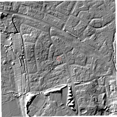 Shaded relief map of the ground around FY53JB, computed from Environment Agency LiDAR. The ground here sits at about 4 m above sea level and falls 8 m across the surrounding 800 m. Surface water reaching this point runs off ground lying to the south-south-east, 7.7 m higher.