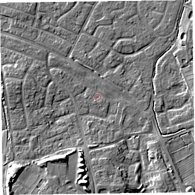 Shaded relief map of the ground around FY53JD, computed from Environment Agency LiDAR. The ground here sits at about 4 m above sea level and falls 8 m across the surrounding 800 m. Surface water reaching this point runs off ground lying to the south, 4.8 m higher.