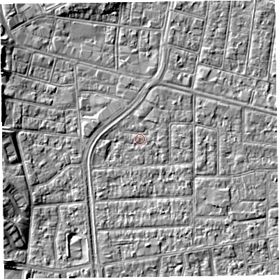 Shaded relief map of the ground around FY53JE, computed from Environment Agency LiDAR. The ground here sits at about 4 m above sea level and falls 6 m across the surrounding 800 m. Surface water reaching this point runs off ground lying to the north-east, 0.8 m higher.
