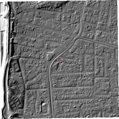 Shaded relief map of the ground around FY53JF, computed from Environment Agency LiDAR. The ground here sits at about 4 m above sea level and falls 9 m across the surrounding 800 m. Surface water reaching this point runs off ground lying to the east-north-east, 1.3 m higher.