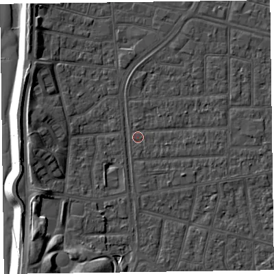 Shaded relief map of the ground around FY53JG, computed from Environment Agency LiDAR. The ground here sits at about 4 m above sea level and falls 10 m across the surrounding 800 m. Surface water reaching this point runs off ground lying to the south-west, 7.7 m higher.