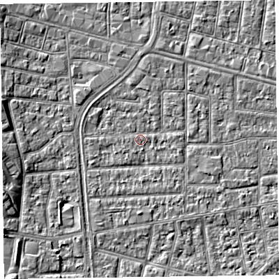 Shaded relief map of the ground around FY53JH, computed from Environment Agency LiDAR. The ground here sits at about 4 m above sea level and falls 5 m across the surrounding 800 m. Surface water reaching this point runs off ground lying to the south-south-east, 0.9 m higher.