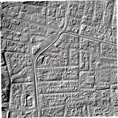 Shaded relief map of the ground around FY53JL, computed from Environment Agency LiDAR. The ground here sits at about 4 m above sea level and falls 5 m across the surrounding 800 m. Surface water reaching this point runs off ground lying to the north-north-west, 1.1 m higher.