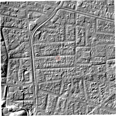 Shaded relief map of the ground around FY53JP, computed from Environment Agency LiDAR. The ground here sits at about 4 m above sea level and falls 6 m across the surrounding 800 m. Surface water reaching this point runs off ground lying to the south-west, 0.9 m higher.