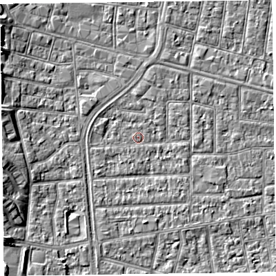 Shaded relief map of the ground around FY53JQ, computed from Environment Agency LiDAR. The ground here sits at about 4 m above sea level and falls 7 m across the surrounding 800 m. Surface water reaching this point runs off ground lying to the north, 1.1 m higher.