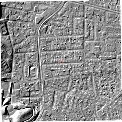 Shaded relief map of the ground around FY53JR, computed from Environment Agency LiDAR. The ground here sits at about 4 m above sea level and falls 8 m across the surrounding 800 m. Surface water reaching this point runs off ground lying to the north, 1.3 m higher.