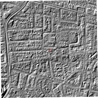 Shaded relief map of the ground around FY53JT, computed from Environment Agency LiDAR. The ground here sits at about 4 m above sea level and falls 4 m across the surrounding 800 m. Surface water reaching this point runs off ground lying to the north-north-east, 0.7 m higher.