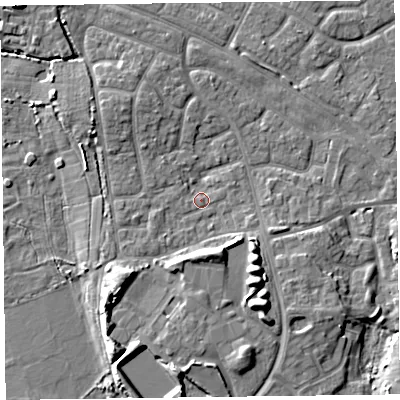 Shaded relief map of the ground around FY53JU, computed from Environment Agency LiDAR. The ground here sits at about 5 m above sea level and falls 9 m across the surrounding 800 m. Surface water reaching this point runs off ground lying to the south-south-west, 7.7 m higher.