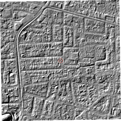 Shaded relief map of the ground around FY53JW, computed from Environment Agency LiDAR. The ground here sits at about 4 m above sea level and falls 6 m across the surrounding 800 m. Surface water reaching this point runs off ground lying to the north-north-west, 1.3 m higher.