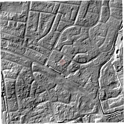 Shaded relief map of the ground around FY53JX, computed from Environment Agency LiDAR. The ground here sits at about 4 m above sea level and falls 4 m across the surrounding 800 m. Surface water reaching this point runs off ground lying to the west-south-west, 1.1 m higher.