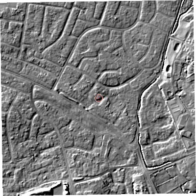 Shaded relief map of the ground around FY53JY, computed from Environment Agency LiDAR. The ground here sits at about 4 m above sea level and falls 8 m across the surrounding 800 m. Surface water reaching this point runs off ground lying to the east-south-east, 4.3 m higher.
