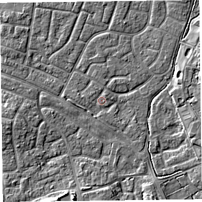 Shaded relief map of the ground around FY53JZ, computed from Environment Agency LiDAR. The ground here sits at about 4 m above sea level and falls 7 m across the surrounding 800 m. Surface water reaching this point runs off ground lying to the east-south-east, 4.1 m higher.