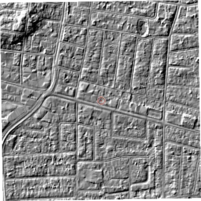 Shaded relief map of the ground around FY53LA, computed from Environment Agency LiDAR. The ground here sits at about 4 m above sea level and falls 4 m across the surrounding 800 m. The ground contributing surface water to this point lies to the north-west.
