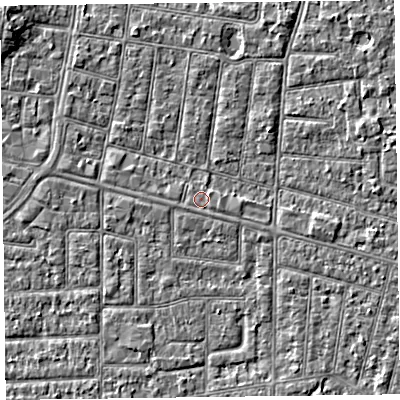 Shaded relief map of the ground around FY53LB, computed from Environment Agency LiDAR. The ground here sits at about 5 m above sea level and falls 4 m across the surrounding 800 m. The ground contributing surface water to this point lies to the north-east.