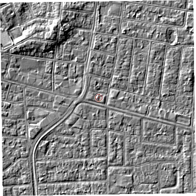 Shaded relief map of the ground around FY53LD, computed from Environment Agency LiDAR. The ground here sits at about 5 m above sea level and falls 4 m across the surrounding 800 m. Surface water reaching this point runs off ground lying to the west-north-west, 0.7 m higher.