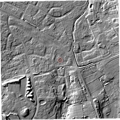 Shaded relief map of the ground around FY53LE, computed from Environment Agency LiDAR. The ground here sits at about 4 m above sea level and falls 8 m across the surrounding 800 m. Surface water reaching this point runs off ground lying to the south-south-west, 4.8 m higher.