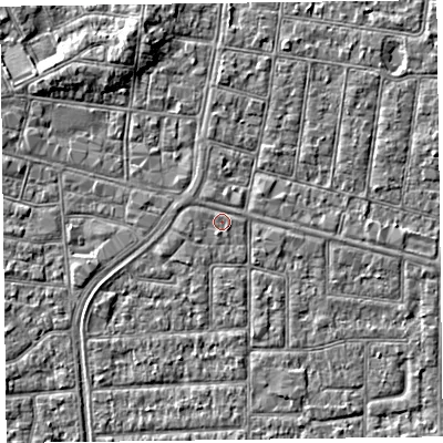 Shaded relief map of the ground around FY53LG, computed from Environment Agency LiDAR. The ground here sits at about 5 m above sea level and falls 4 m across the surrounding 800 m. The ground contributing surface water to this point lies to the south-south-west.