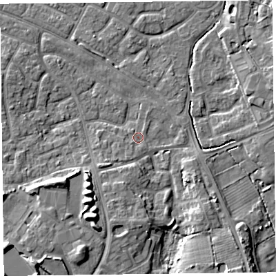 Shaded relief map of the ground around FY53LH, computed from Environment Agency LiDAR. The ground here sits at about 4 m above sea level and falls 8 m across the surrounding 800 m. Surface water reaching this point runs off ground lying to the south-south-west, 1.5 m higher.
