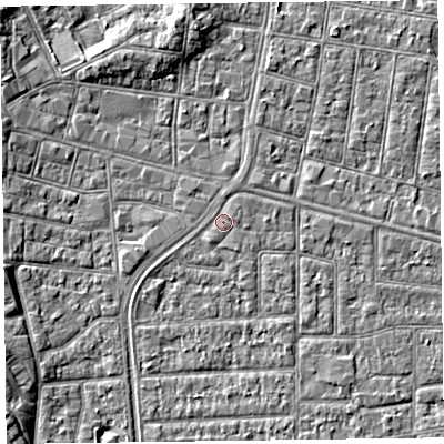 Shaded relief map of the ground around FY53LJ, computed from Environment Agency LiDAR. The ground here sits at about 5 m above sea level and falls 5 m across the surrounding 800 m. Surface water reaching this point runs off ground lying to the east-north-east, 0.5 m higher.