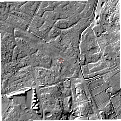 Shaded relief map of the ground around FY53LL, computed from Environment Agency LiDAR. The ground here sits at about 4 m above sea level and falls 8 m across the surrounding 800 m. Surface water reaching this point runs off ground lying to the south-south-west, 4.8 m higher.