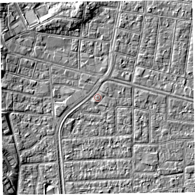 Shaded relief map of the ground around FY53LN, computed from Environment Agency LiDAR. The ground here sits at about 5 m above sea level and falls 5 m across the surrounding 800 m. Surface water reaching this point runs off ground lying to the north-east, 0.5 m higher.