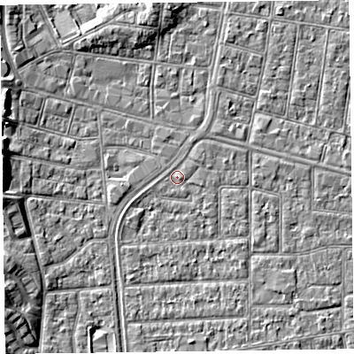 Shaded relief map of the ground around FY53LP, computed from Environment Agency LiDAR. The ground here sits at about 5 m above sea level and falls 6 m across the surrounding 800 m. Surface water reaching this point runs off ground lying to the east-south-east, 0.7 m higher.