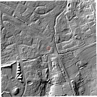 Shaded relief map of the ground around FY53LS, computed from Environment Agency LiDAR. The ground here sits at about 4 m above sea level and falls 9 m across the surrounding 800 m. Surface water reaching this point runs off ground lying to the south-south-west, 4.8 m higher.
