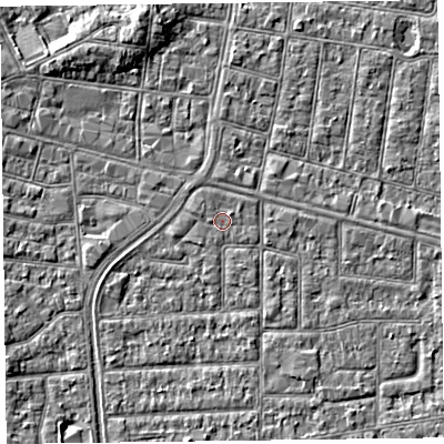 Shaded relief map of the ground around FY53LT, computed from Environment Agency LiDAR. The ground here sits at about 5 m above sea level and falls 5 m across the surrounding 800 m. The ground contributing surface water to this point lies to the north-east.