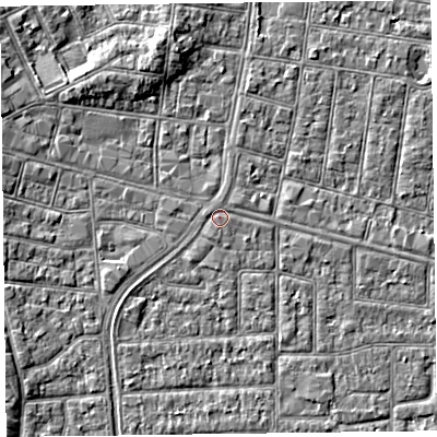 Shaded relief map of the ground around FY53LU, computed from Environment Agency LiDAR. The ground here sits at about 5 m above sea level and falls 4 m across the surrounding 800 m. The ground contributing surface water to this point lies to the west-north-west.
