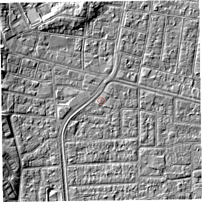 Shaded relief map of the ground around FY53LW, computed from Environment Agency LiDAR. The ground here sits at about 5 m above sea level and falls 5 m across the surrounding 800 m. Surface water reaching this point runs off ground lying to the south-west, 0.7 m higher.
