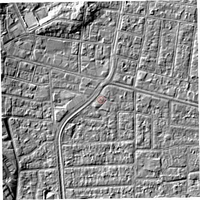 Shaded relief map of the ground around FY53LX, computed from Environment Agency LiDAR. The ground here sits at about 5 m above sea level and falls 5 m across the surrounding 800 m. Surface water reaching this point runs off ground lying to the north-east, 0.5 m higher.