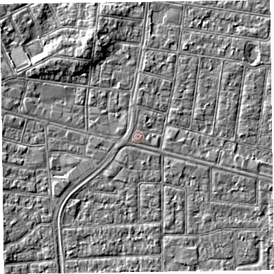 Shaded relief map of the ground around FY53LZ, computed from Environment Agency LiDAR. The ground here sits at about 5 m above sea level and falls 4 m across the surrounding 800 m. The ground contributing surface water to this point lies to the east.